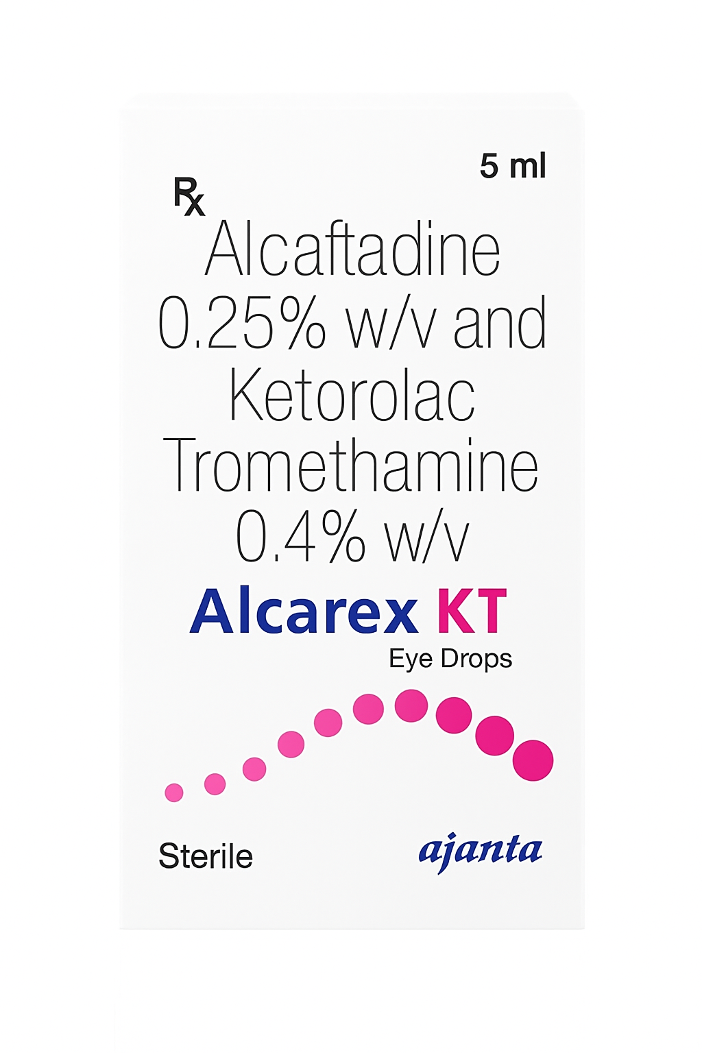Alcarex KT eye drops packaging showing 5 ml sterile solution with Alcaftadine 0.25% w/v and Ketorolac Tromethamine 0.4% w/v, featuring pink dot design and Ajanta branding on a white background.