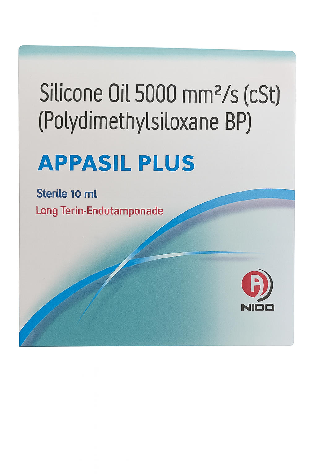 APPASIL PLUS packaging showing sterile 10 mL silicone oil (5000 mm²/s cSt) for long-term endotamponade, with NIOO logo and blue wave design.