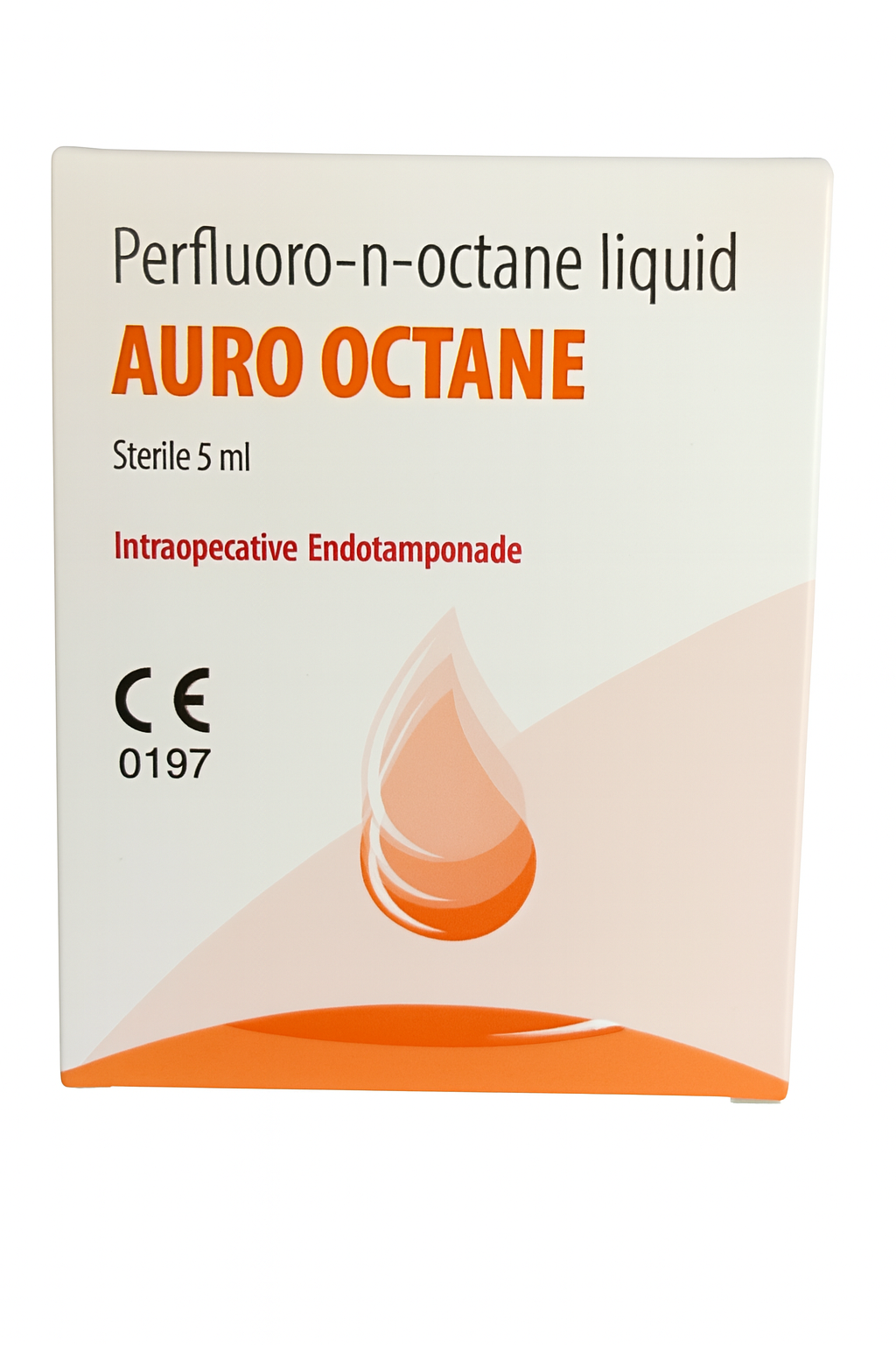 AURO OCTANE packaging showing sterile 5 mL perfluoro-n-octane liquid for intraoperative endotamponade, with CE 0197 mark and orange droplet graphic on a white background.