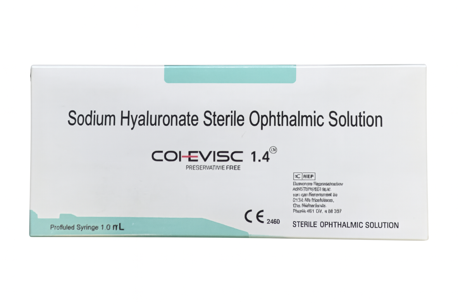 COLE-VISC 1.4® packaging showing preservative-free sodium hyaluronate sterile ophthalmic solution in a 1.0 mL prefilled syringe, with CE 2460 mark and teal accents on a white background.