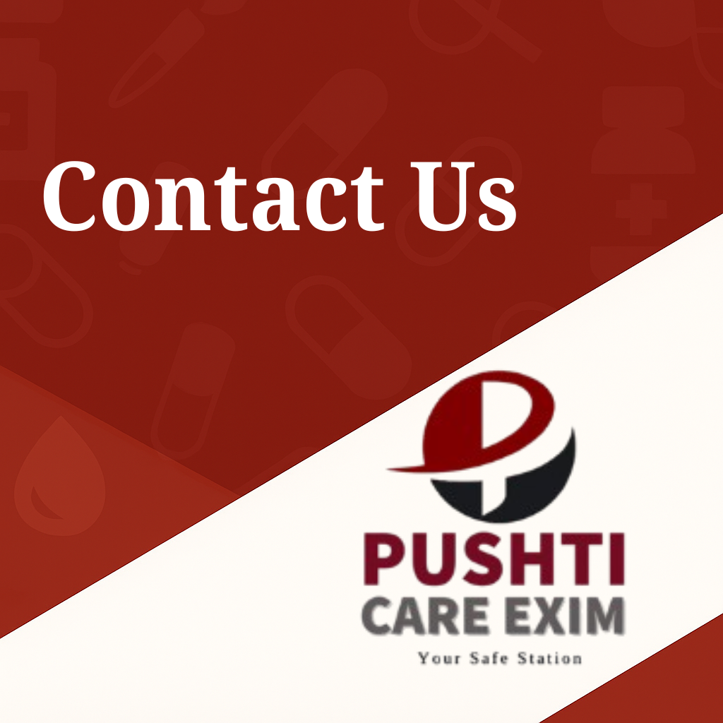 "Pushti Care Exim branding with stylized 'P' logo, red-white background, and faint medical icons."