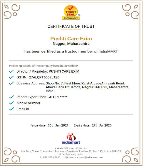 IndiaMART Certificate of Trust issued to Pusthi Care Exim, Nagpur, Maharashtra, verifying the company’s authenticity and membership.