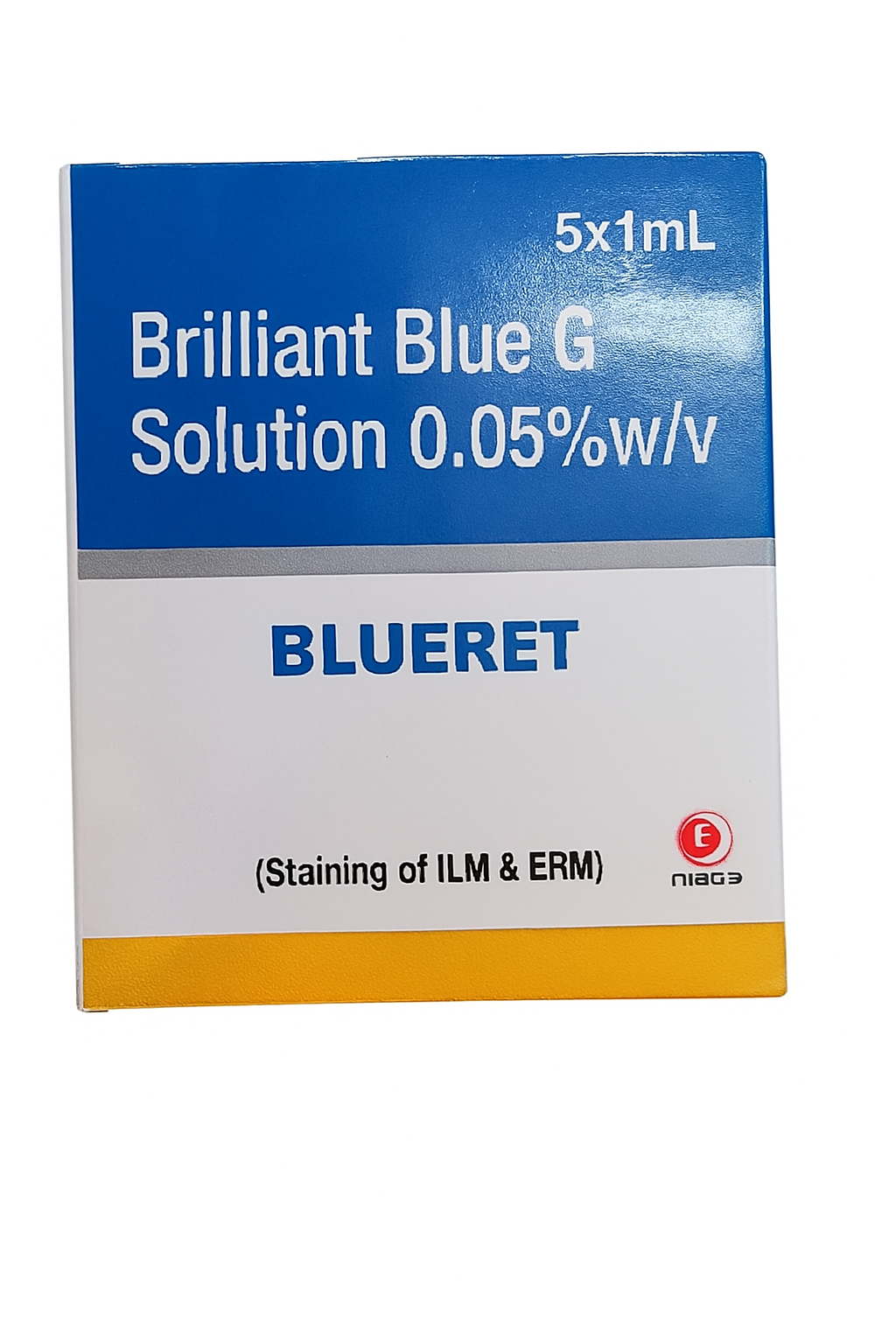 "Box of BLUERET Brilliant Blue G Solution 0.05% w/v, used for staining of ILM and ERM, manufactured by Medico."